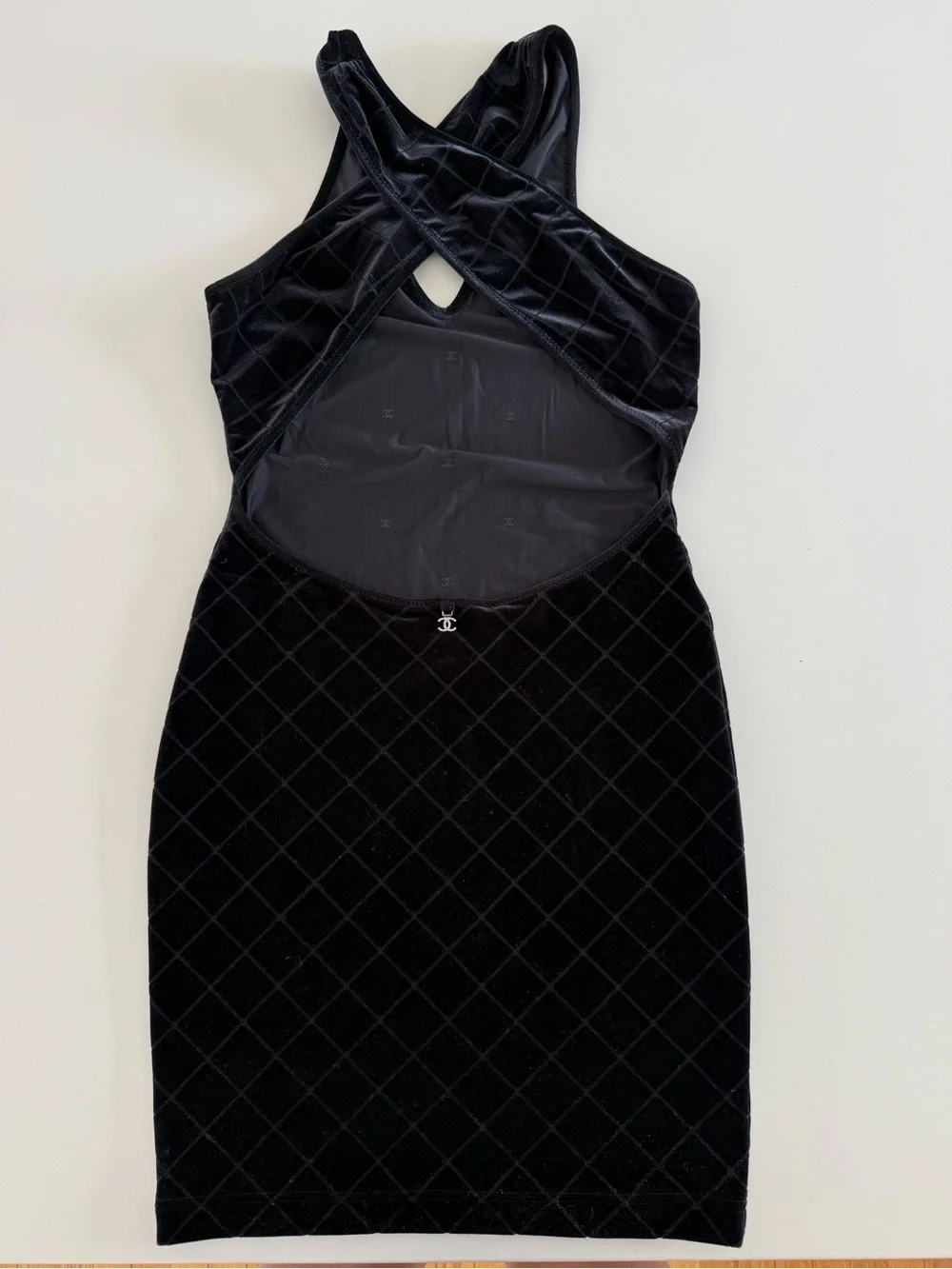 CHANEL Black Quilted Velvet V-Neck Mini Dress FR36 | US4